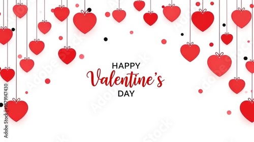 Valentine's Day greeting card with hanging red hearts and festive decorations on white background illustration