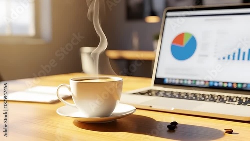 Steaming coffee cup on wooden desk beside laptop displaying colorful graphs in a modern office environment.