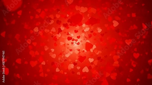 Red hearts float and shine on a romantic background with love symbols.