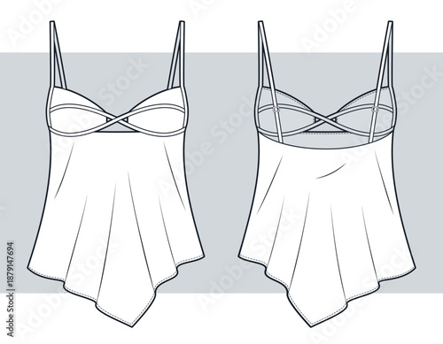 Strappy Top Technical Fashion Illustration. Sleeveless Camisole Fashion Flat Technical Drawing Template, asymmetric hem, front and back view, women CAD mockup.