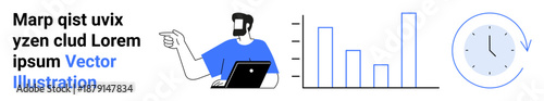 Business productivity, data analysis, time management, team workflow, reporting, graph design. Person with laptop pointing, bar chart clock icon. Data analysis and productivity concepts
