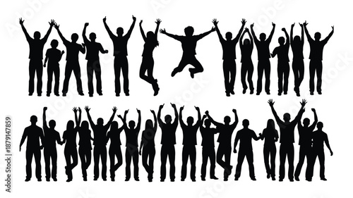 black silhouettes of people jumping and celebrating with raised arms in two rows
