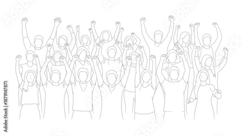 a black and white line drawing of several raised hands