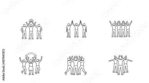 a collection of black and white illustrations of people in various group formations