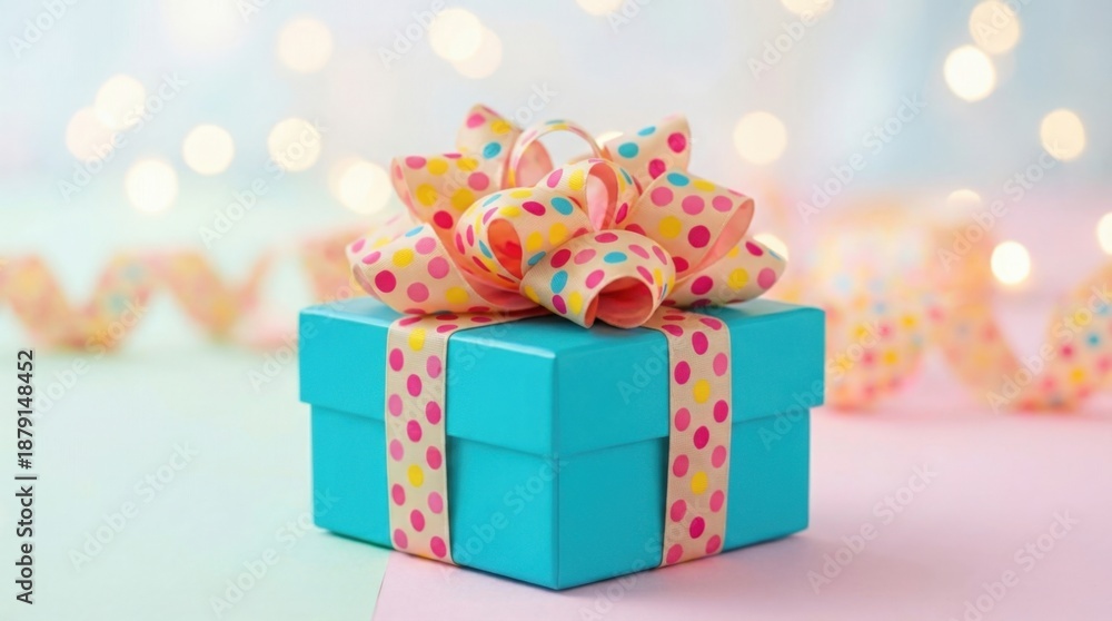 Obraz premium A blue box with a pink and yellow bow on top of it
