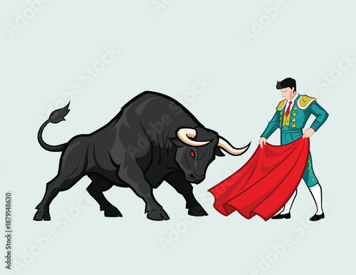 Bullfigthing matador facing angry bull vector illustration