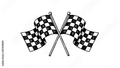 Crossed checkered racing flags in black and white design  