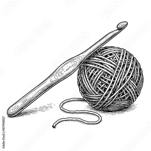 Crochet hook and ball of yarn on white background  