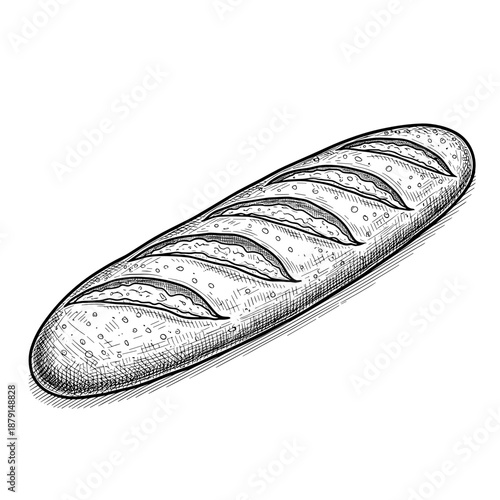 Baguette loaf with multiple slashes on surface and crusty texture  
