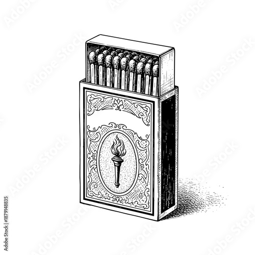 Vintage matchbox with safety matches in black and white illustration  