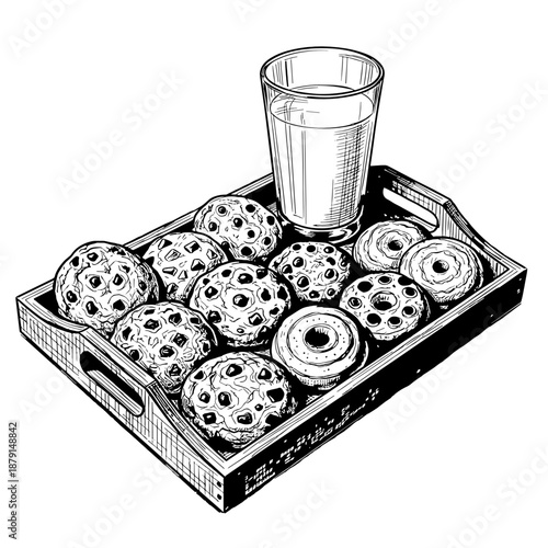 Tray of assorted sweet pastries with a glass of milk  
