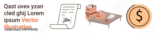 Business workflows, office management, document signing, financial transactions, monetary planning, organization. Visual includes signed document, office files on a table, and a dollar symbol