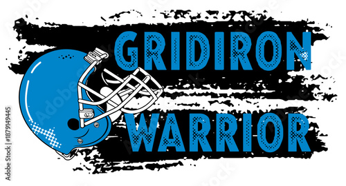 Bold “GRIDIRON WARRIOR” text with helmet  blue, black and silver and dynamic brushstroke background. Ideal for sports apparel, team branding, football graphics, fan merchandise, and promotional design