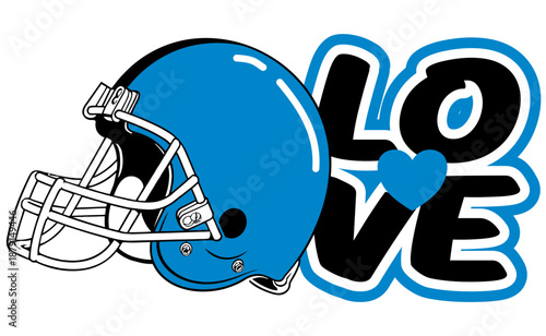 Bold, blue, black, and silver graffiti lettering forms the word ‘LOVE’. A vibrant heart is at the centre, and a football helmet is beside it. A dynamic street art vector with sporty flair