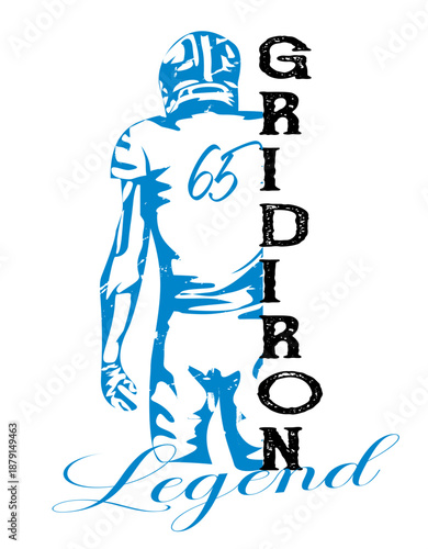 "Sketch-style American football player with number 5 in   blue, black and silver and bold “Gridiron Legend” lettering. Suitable for sports apparel, team branding, promotional graphics, and merchandise
