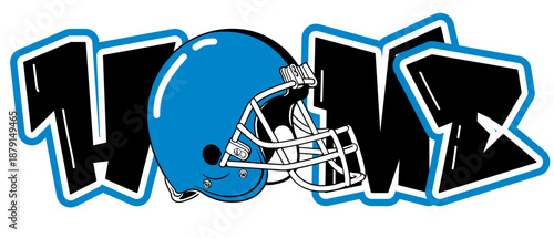 Home  lettering featuring a football helmet  as the “O”, in  blue, black and silver tones. A bold, urban style perfect for sports-inspired street art and graffiti.
