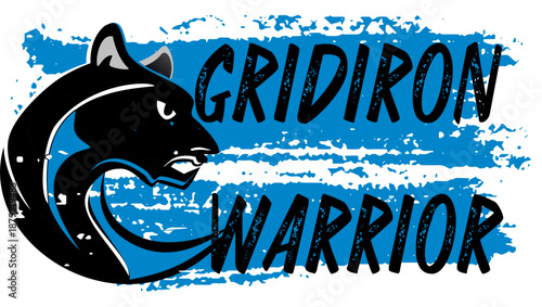 Gridiron Warrior design with panther in for fan gear, branding and merchandise  blue, black and silver  accents. Bold artwork celebrating strength, pride and competitive legacy