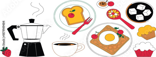 A Wholesome Collection of Delicious Breakfast Items and Hot Coffee, Featuring Sweet Treats and Fresh Fruit