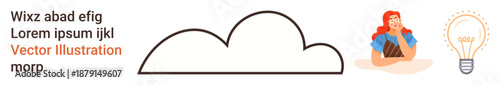 Creativity, brainstorming, innovation, inspiration, problem-solving, imagination. A woman contemplates with a lightbulb and a cloud outline. Creativity and brainstorming concepts