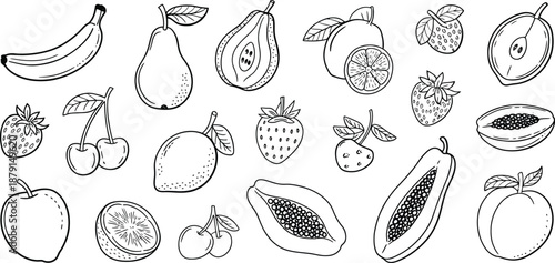 A charming collection of hand-drawn illustrations depicting a wide variety of fresh fruits, presented in a crisp black and white line art style, perfect for healthy living designs