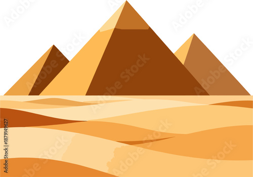 Minimalist Flat Vector Three Giza Pyramids with Flowing Sand Dunes Landscape