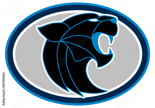 A stylized panther at the center of the design. Sports graphic design for fans, with  blue, black and silver colors, perfect for football enthusiasts.