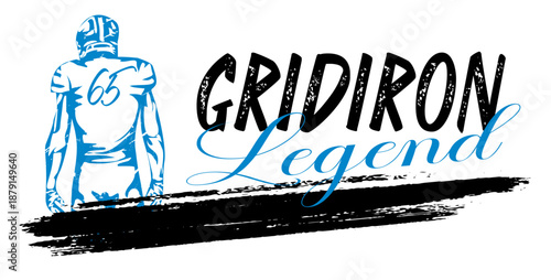 Gridiron Legend football design with player   blue, black and silver . Bold artwork for sports apparel, team branding, fan merchandise and promotion