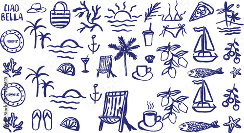 A delightful collection of hand-drawn weather and captivating summer concepts, featuring charming vacation doodles for holiday backgrounds and travel designs