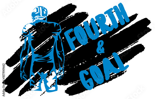 Sketch-style American football player with bold “FOURTH and GOAL” lettering on dynamic brush strokes. A striking design in    blue, black and silver  ideal for sports apparel, team branding, fan merch