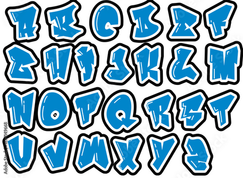 This vector kit of single letters in graffiti style is designed for street art and graffiti typography. It features royal blue and black colours and is a multicoloured artistic illustration.