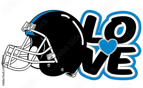 Bold, blue, black, and silver graffiti lettering forms the word ‘LOVE’. A vibrant heart is at the centre, and a football helmet is beside it. A dynamic street art vector with sporty flair