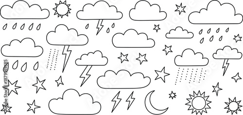A versatile collection of hand-drawn weather elements, including clouds with rain and lightning, shining suns, mystical moons, and twinkling stars, ideal for design projects