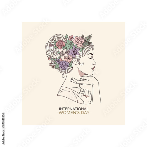 Woman with flowers in hair celebrates International Women's Day with elegance and grace.