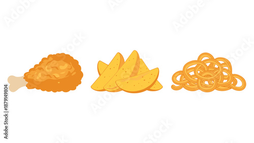 Assortment of popular fried foods, including a crispy chicken drumstick, golden potato wedges, and perfectly battered onion rings, ideal for fast food menus.