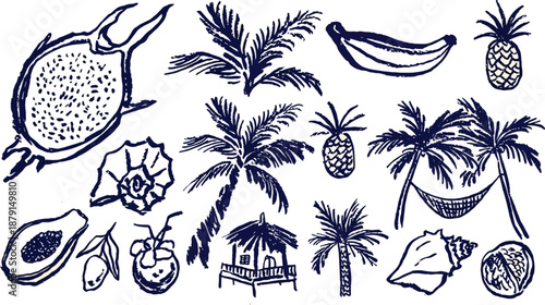A vibrant collection of tropical themed illustrations, featuring exotic fruits, lush palm trees, and beach elements, perfect for summer designs and travel concepts
