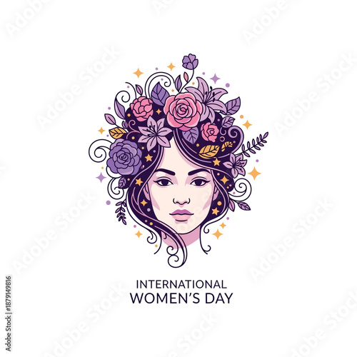 International Women's Day illustration of woman's face with floral crown and colorful design elements