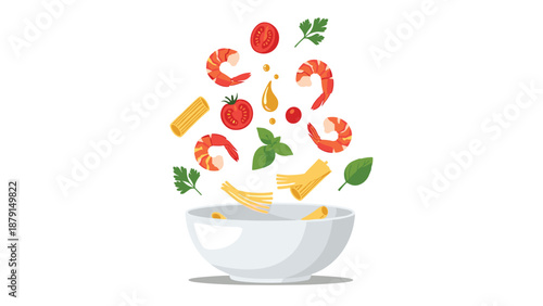Dynamic illustration of fresh pasta ingredients, including succulent shrimp, ripe tomatoes, aromatic basil, and various pasta shapes, gracefully falling into a white bowl.