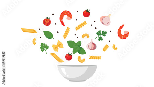 Vibrant illustration of an explosion of fresh pasta ingredients, featuring shrimp, tomatoes, basil, garlic, and various pasta shapes, bursting from a white bowl, symbolizing flavor.