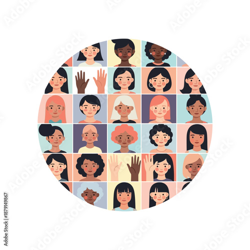 Illustration of diverse people faces in a circle collage with various expressions