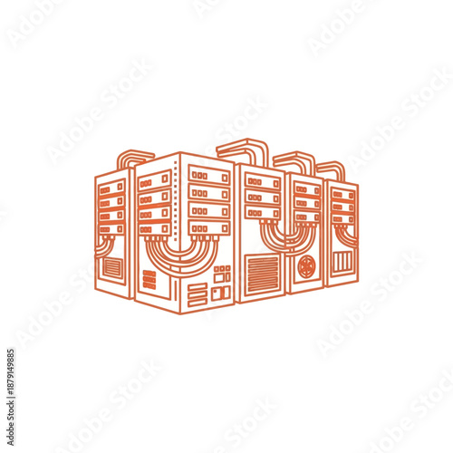 Illustration of computer servers in a data center with cables and hardware