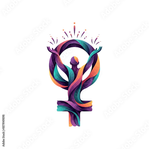 Vibrant illustration of a woman symbolizing empowerment and equality with colorful swirling ribbons.