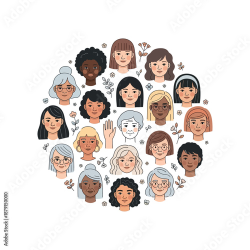 Diverse group of women with various hairstyles and skin tones gathered in a circle.