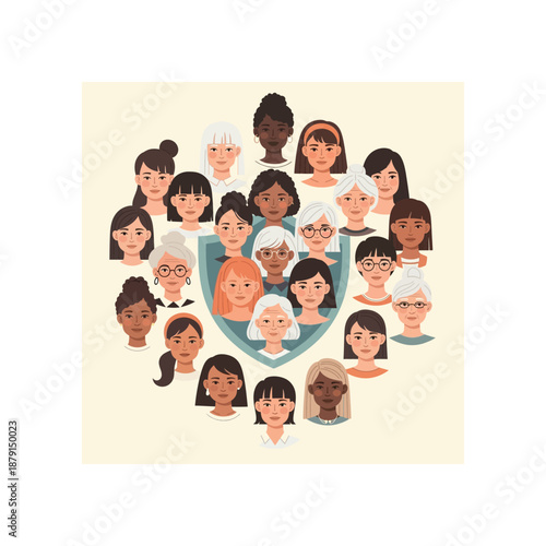 Illustration of diverse women around a shield