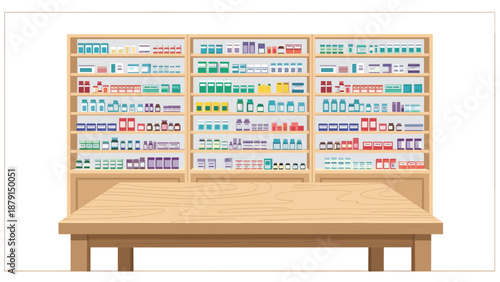 Clear illustration of a well-organized pharmacy interior, featuring a spacious wooden counter in the foreground and three large shelves neatly stocked with diverse medications and products.