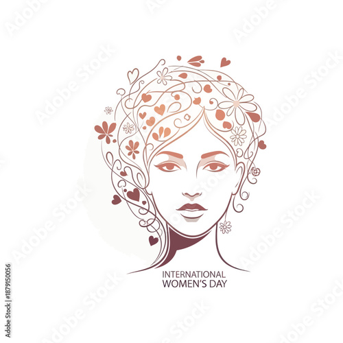 International Women's Day illustration of a woman's face with flowers and hearts