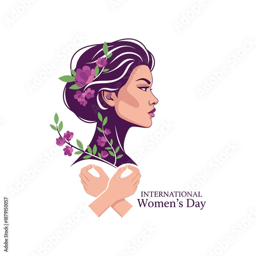 Woman's face with flowers in hair celebrating International Women's Day with supporting hands.