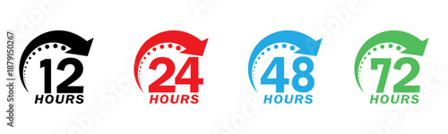 Different time intervals set. Countdown Timer shown with numerical indicators and arrows for 12, 24, 48, and 72 hours in various colors. 