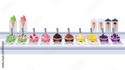 Extensive illustration of a vibrant ice cream display counter, featuring numerous tubs of diverse flavors like pistachio, strawberry, chocolate, and lemon, with scoops and cones.