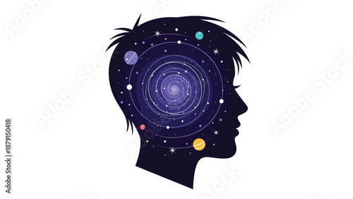 Striking silhouette illustration of a human head in profile, intricately filled with a mesmerizing swirling galaxy and colorful planets, symbolizing cosmic thoughts and inner universe.