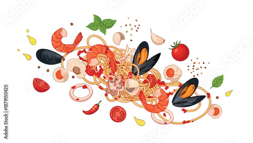 Dynamic and appetizing illustration of a vibrant seafood pasta dish, featuring spaghetti, succulent shrimp, mussels, scallops, calamari, fresh tomatoes, and aromatic basil.